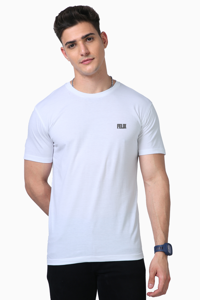 Male model in FELIX Supima cotton t-shirt with grey reflective vinyl logo on chest – minimalist premium gym and streetwear fashion India
