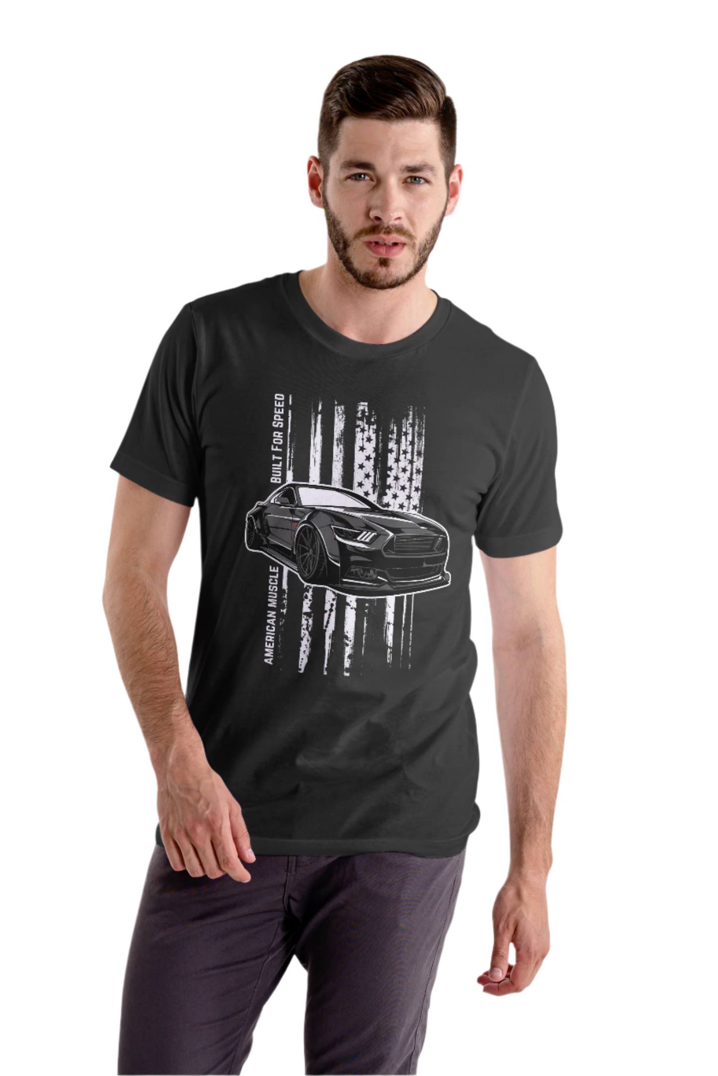 Model wearing Stylish American Muscle tee with a bold car graphic for gearheads