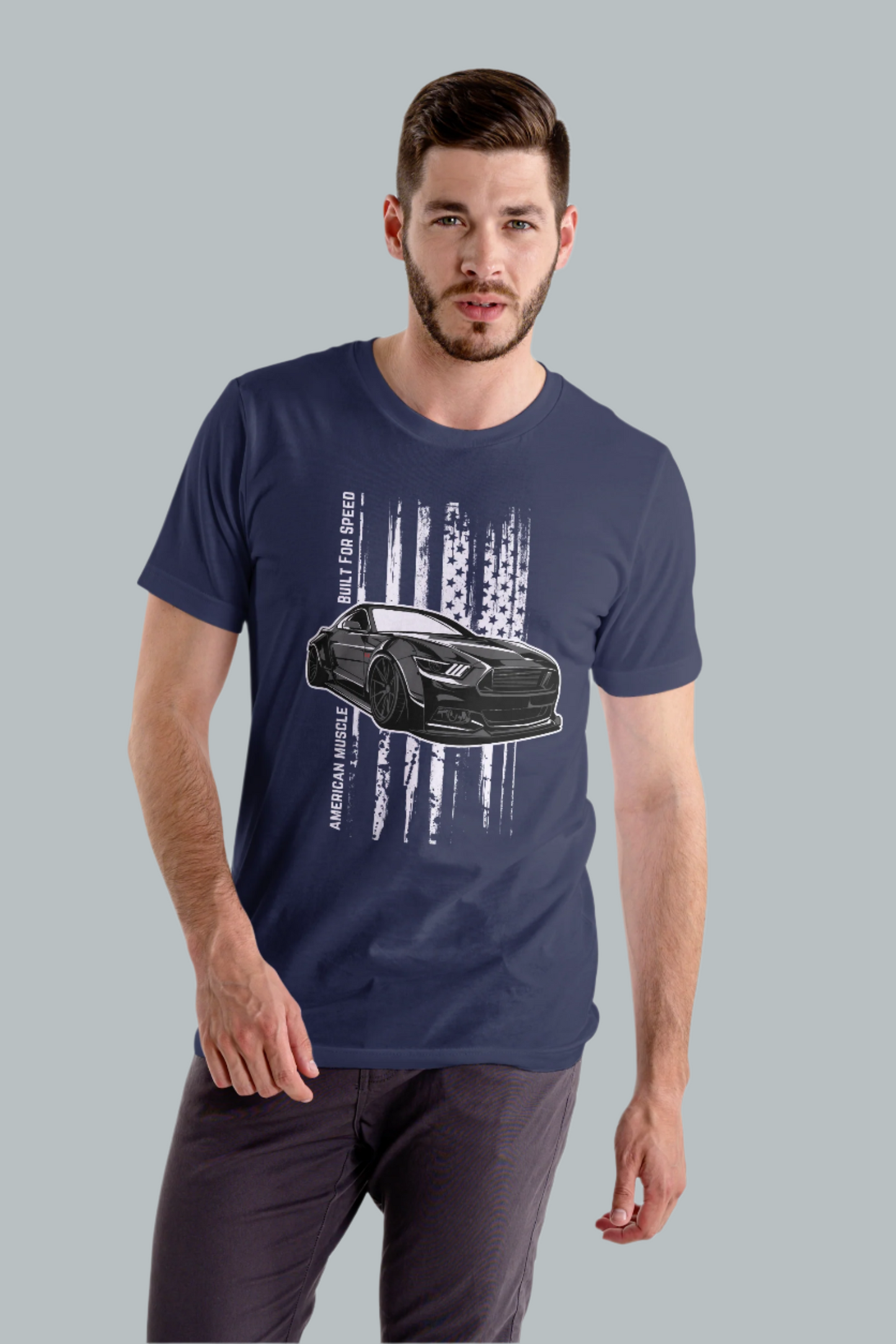 Model wearing Stylish American Muscle tee with a bold car graphic for gearheads