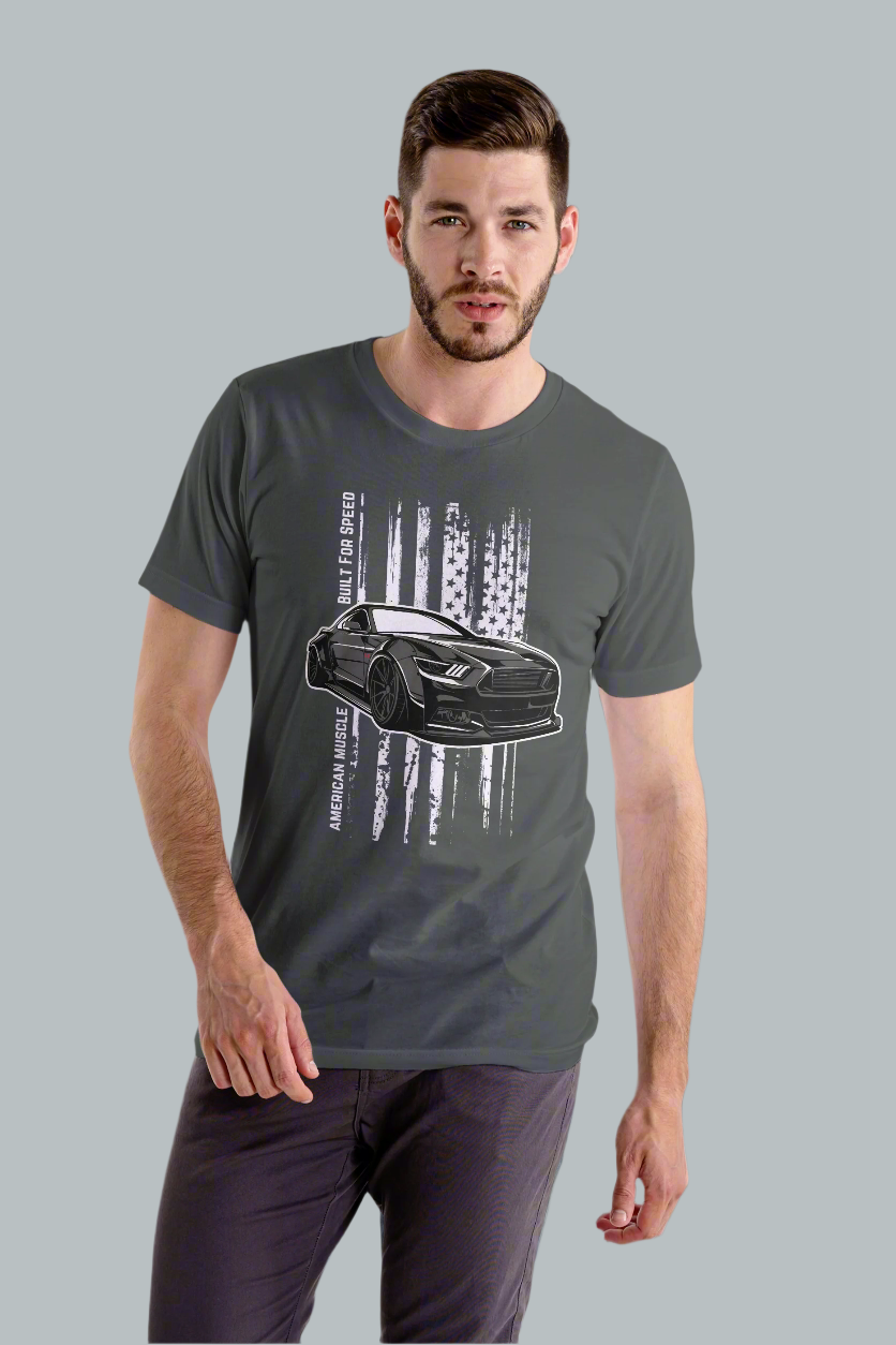 Model wearing Stylish American Muscle tee with a bold car graphic for gearheads