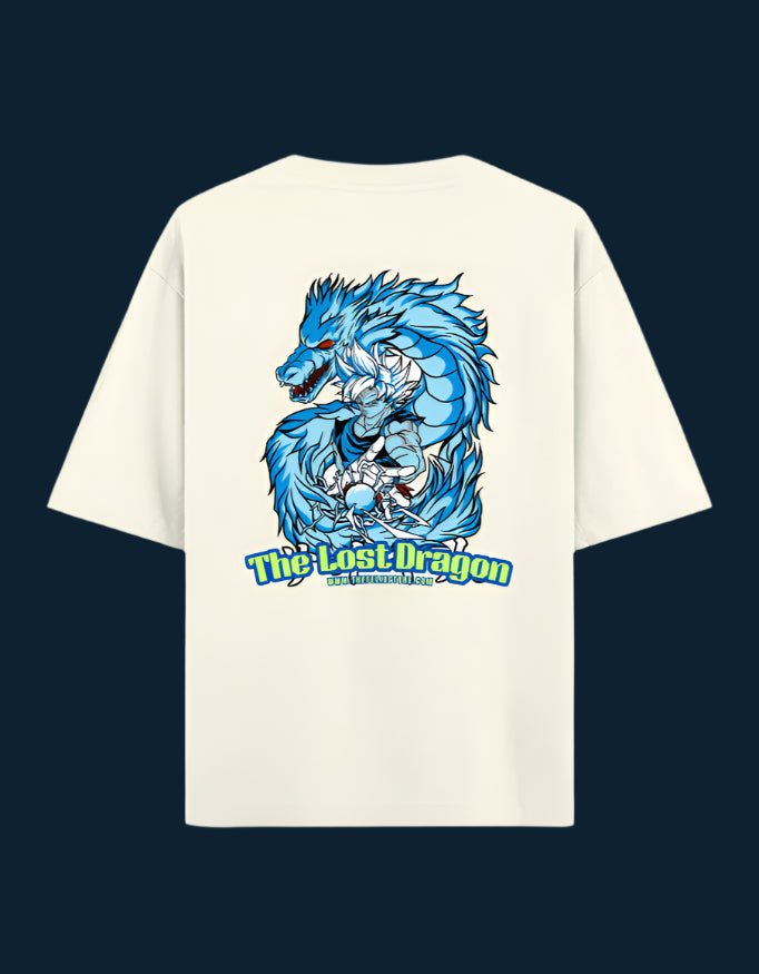 Beige t-shirt with blue dragon graphic and 'The Lost Dragon' text on a white background