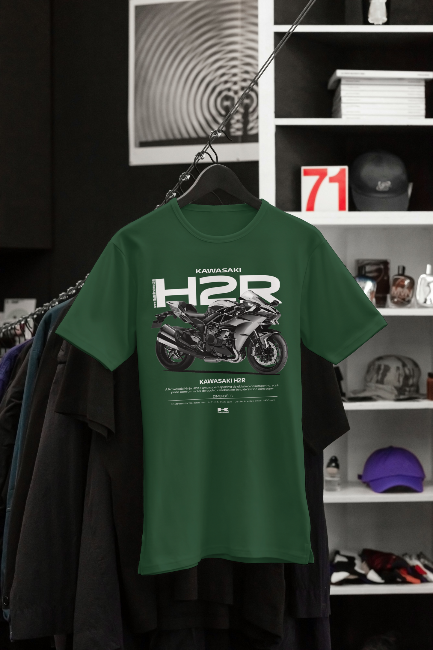 Green Kawasaki H2R Superbike T-Shirt displayed in a premium clothing store