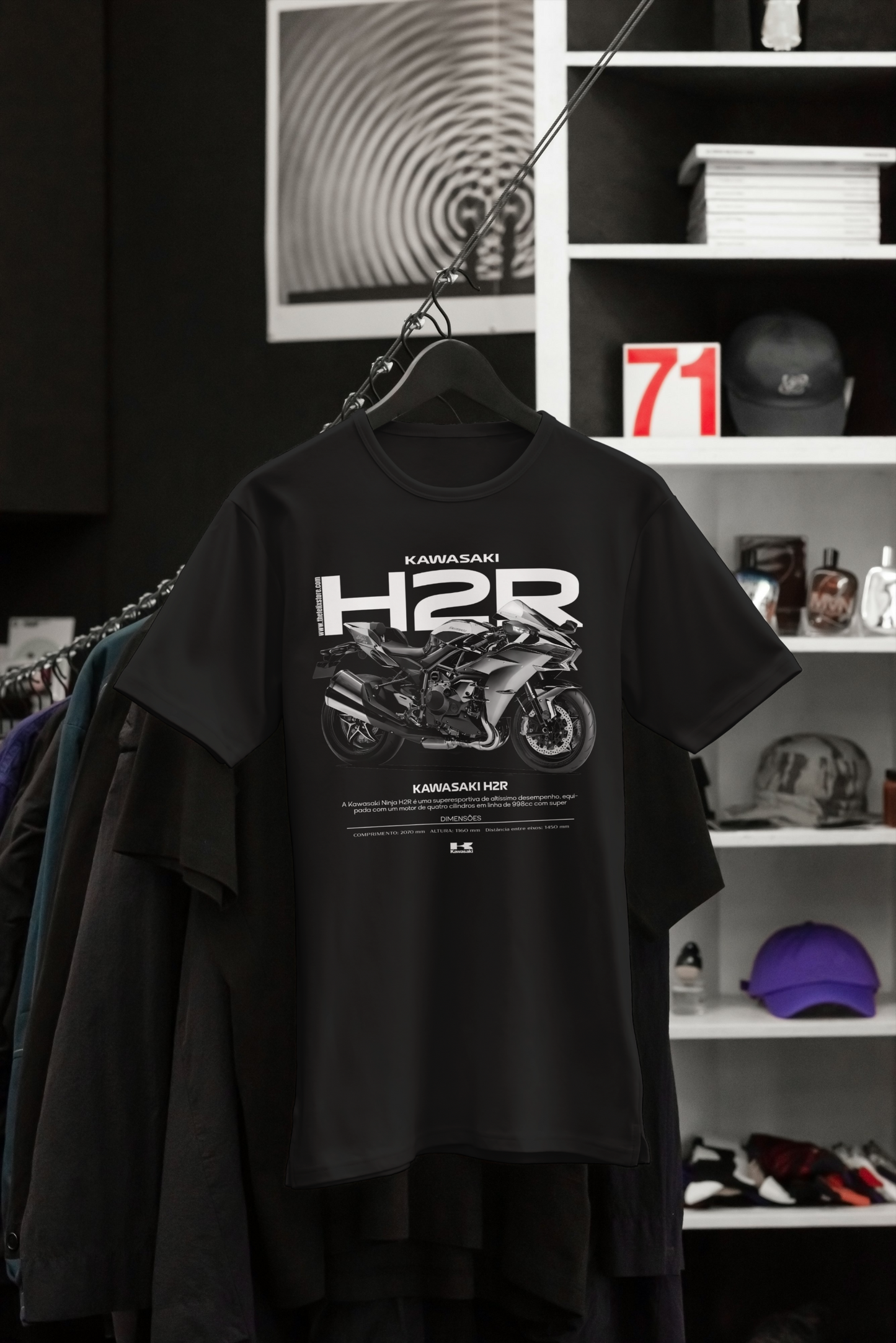 Black Kawasaki H2R Superbike T-Shirt displayed in a premium