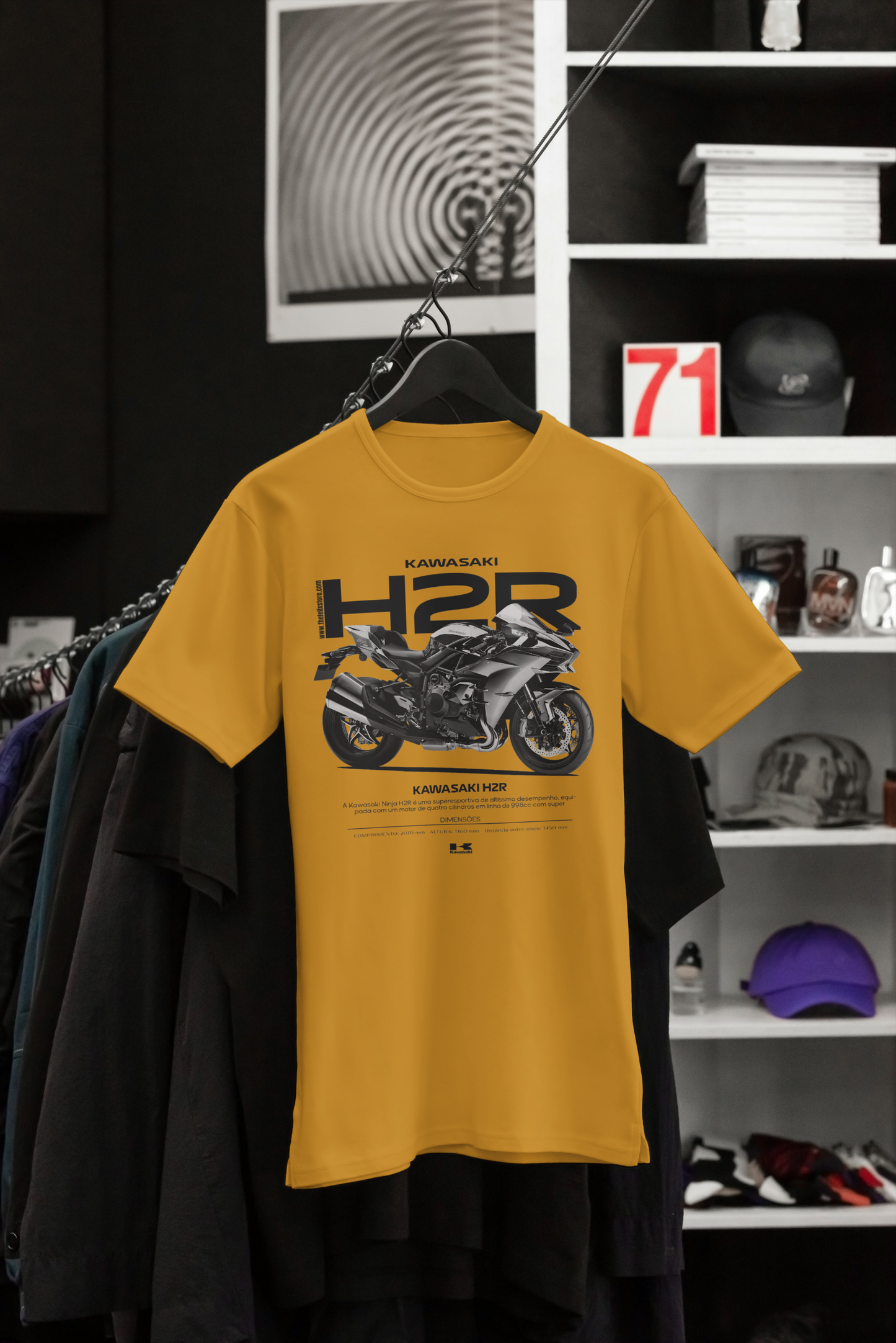 Yellow Kawasaki H2R Superbike T-Shirt displayed in a premium clothing store.