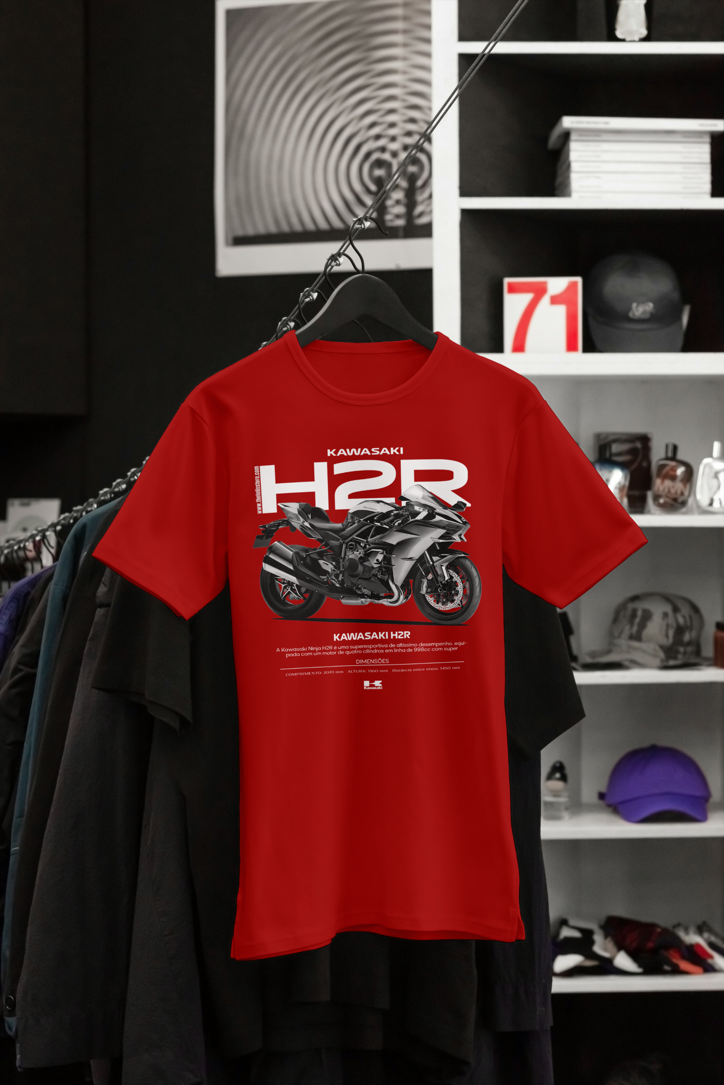 Red Kawasaki H2R Superbike T-Shirt displayed in a premium clothing store