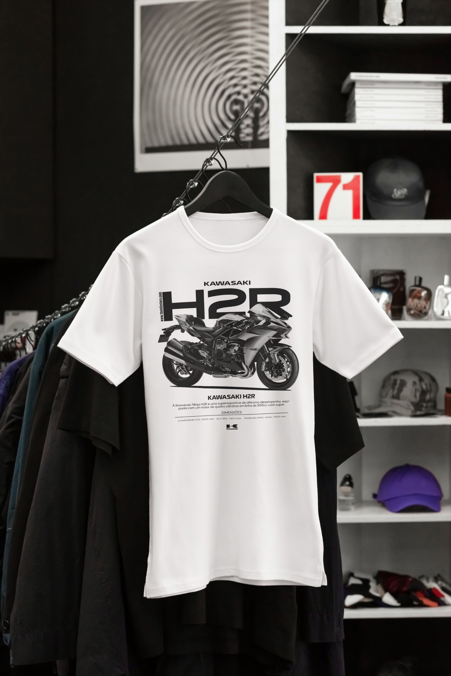 White Kawasaki H2R Superbike T-Shirt displayed in a premium clothing store.