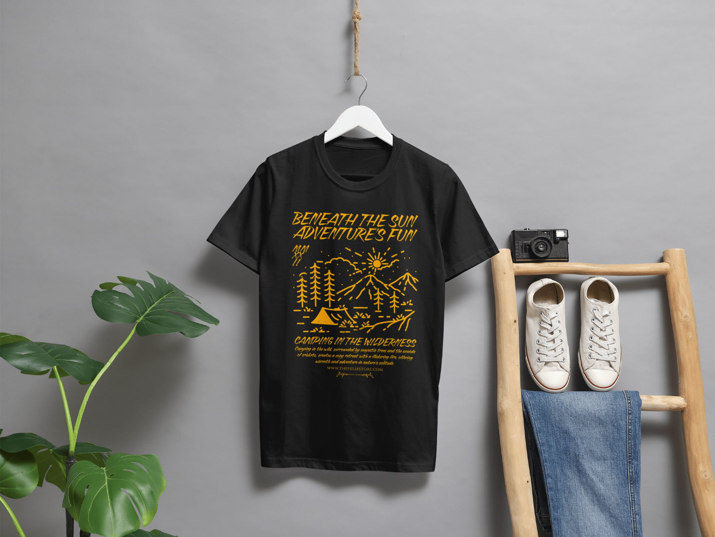 "Black camping adventure t-shirt for men, breathable soft cotton summer apparel" (hitting Camping, Adventure, Breathable, Summer, Cotton).
