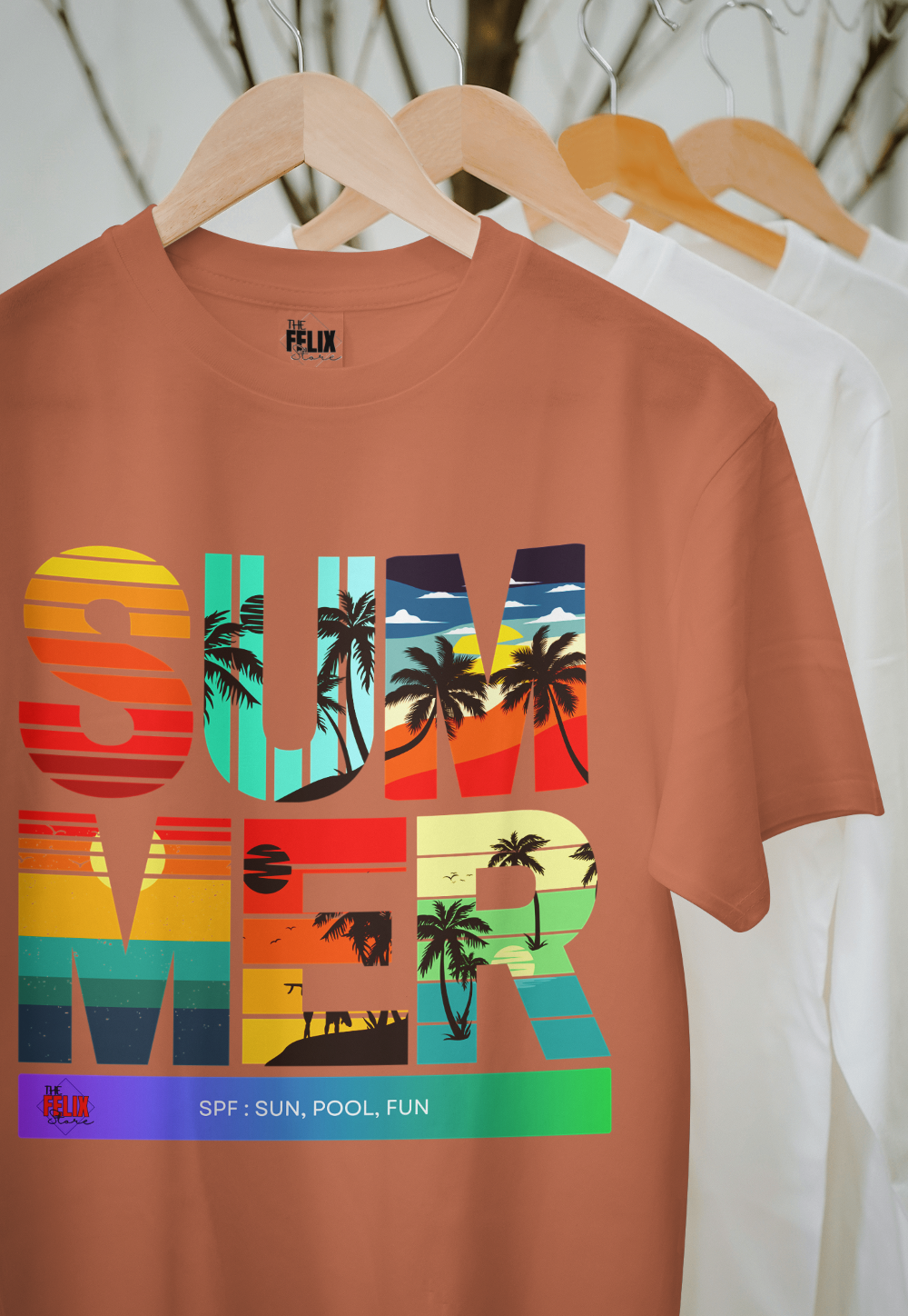 Unisex white summer graphic T-shirt with vibrant “SPF: Sun, Pool, Fun” print – 100% combed cotton and DTG printed, by The Felix Store.