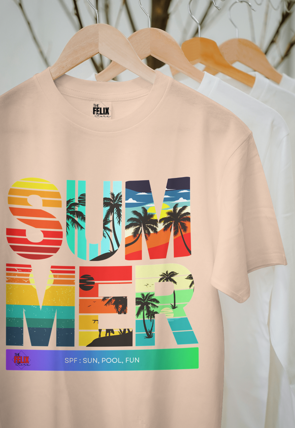 Unisex white summer graphic T-shirt with vibrant “SPF: Sun, Pool, Fun” print – 100% combed cotton and DTG printed, by The Felix Store.