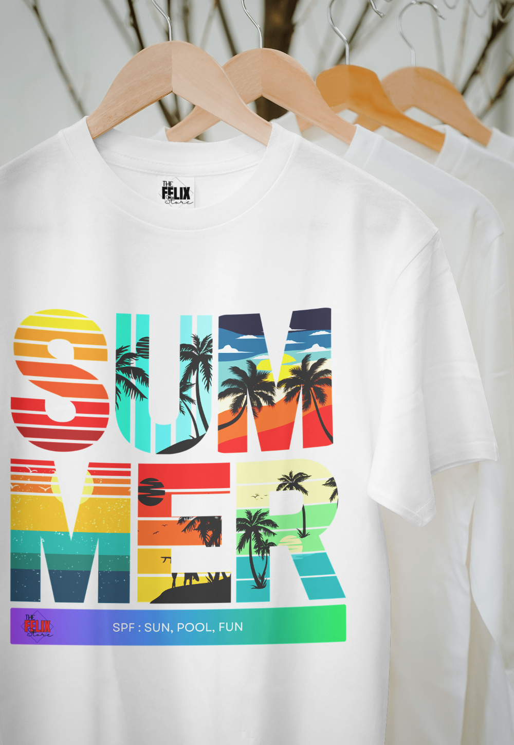 Unisex white summer graphic T-shirt with vibrant “SPF: Sun, Pool, Fun” print – 100% combed cotton and DTG printed, by The Felix Store.