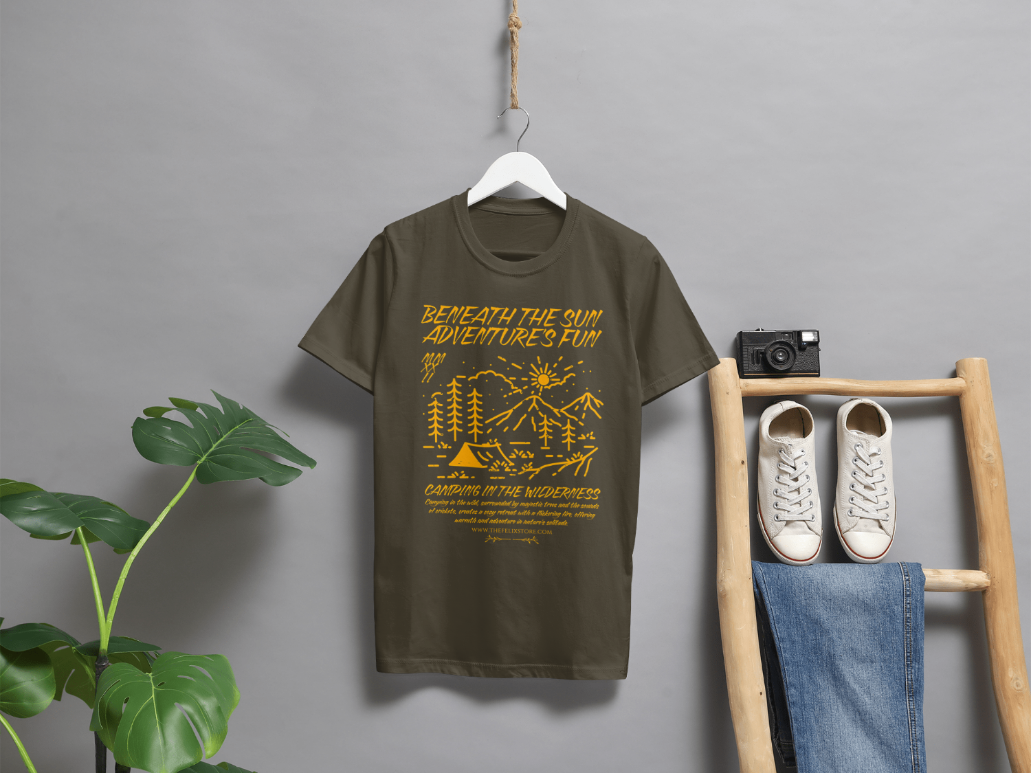 "Olive camping adventure t-shirt for men, breathable soft cotton summer apparel" (hitting Camping, Adventure, Breathable, Summer, Cotton).e Green