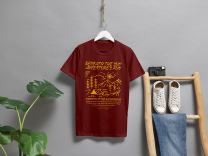 "Maroon camping adventure t-shirt for men, breathable soft cotton summer apparel" (hitting Camping, Adventure, Breathable, Summer, Cotton).
