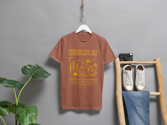 "Copper camping adventure t-shirt for men, breathable soft cotton summer apparel" (hitting Camping, Adventure, Breathable, Summer, Cotton).
